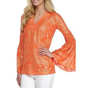 Michael Kors Poppy/Gold Samara Smocked Bell Sleeve Tunic Metallic Blouse Size 2X